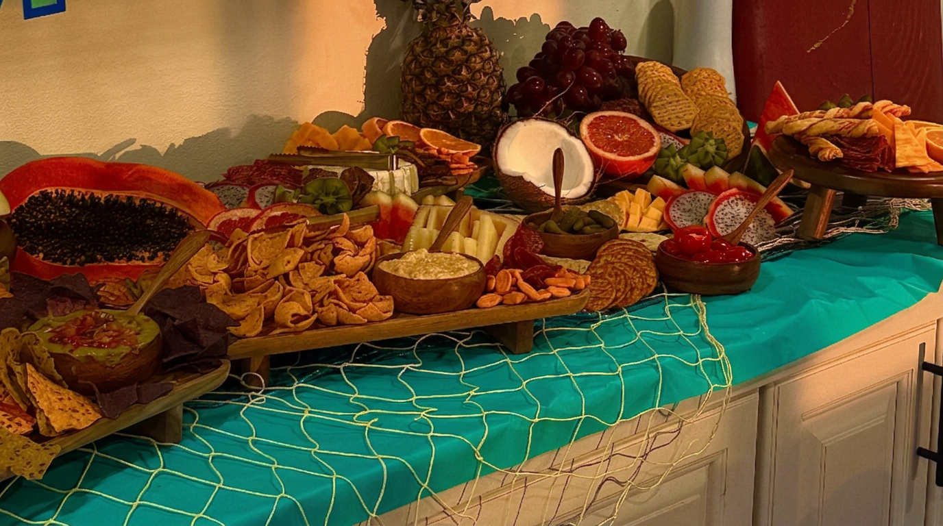 Tropical grazing table with pineapple, papaya and dragonfruit on a teal cloth, styled by Sol House in San Diego